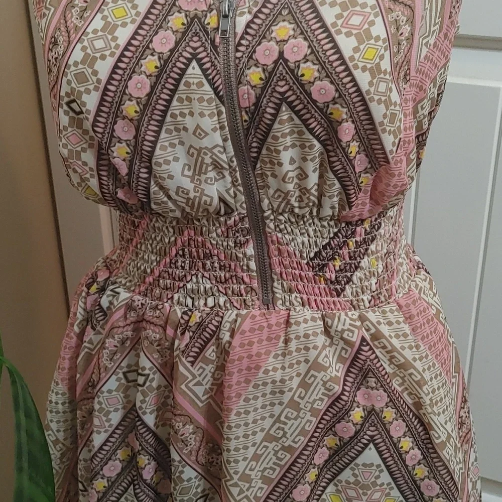Exhilaration vintage feel pink, beige and brown light spring flattering Dress - Picture 4 of 15